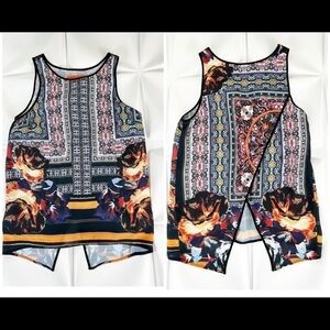 Clover Canyon Womens Sz S Floral Art Deo Split Back Tank Top Blouse